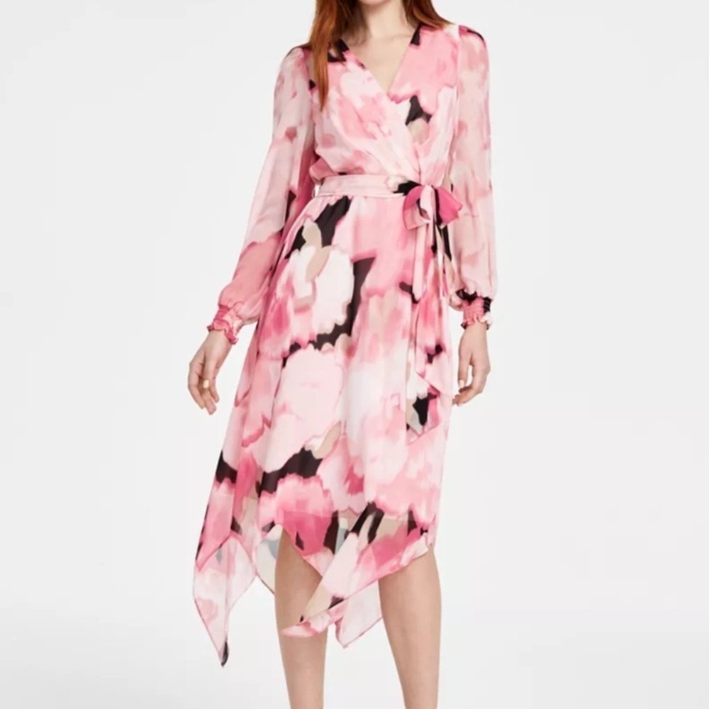 Anne Klein Printed Smocked Cuff Midi Dress Peony Pink Multi Womens Size 6 NWT